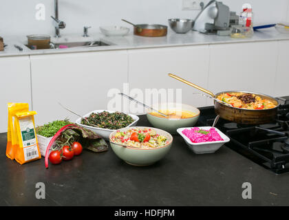 Auswahl an ayurvedischen Speisen, Sprout Salat, rote Beete Dip, gebratenen grünen daal Suppe und Gemüse Biryani Stockfoto