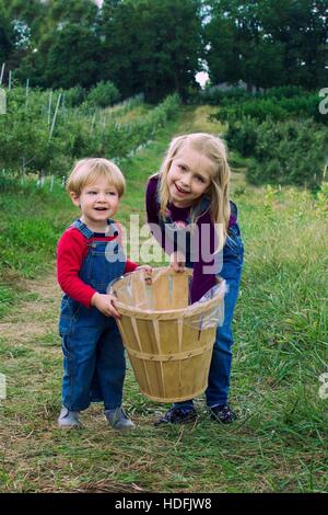 entzückende Bruder und Schwester Geschwister halten Korb tragen Overalls stehen im Hof für Apfel pflücken während Herbst fällt Stockfoto