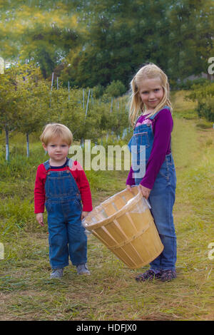 entzückende Bruder und Schwester Geschwister halten Korb tragen Overalls stehen im Hof für Apfel pflücken während Herbst fällt Stockfoto