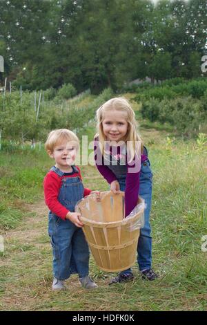 entzückende Bruder und Schwester Geschwister halten Korb tragen Overalls stehen im Hof für Apfel pflücken während Herbst fällt Stockfoto