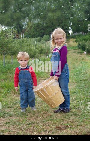 entzückende Bruder und Schwester Geschwister halten Korb tragen Overalls stehen im Hof für Apfel pflücken während Herbst fällt Stockfoto