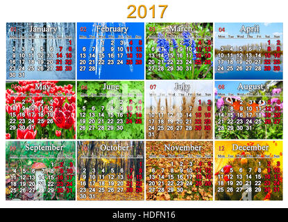 Kalender für das Jahr 2017 auf Englisch mit Foto der Natur für jeden Monat Stockfoto