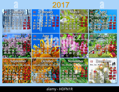 Kalender für das Jahr 2017 auf Englisch mit Foto der Natur für jeden Monat Stockfoto