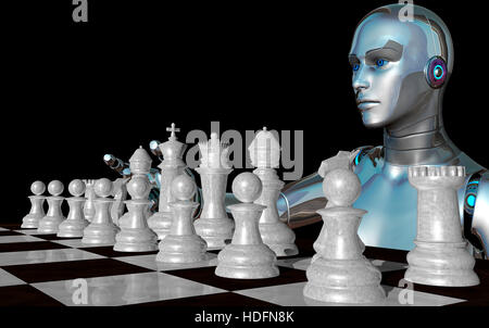 Weibliche Roboter spielen mit den weißen Schach Stücke - 3d rendering Stockfoto