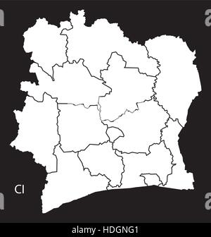 Côte d ' Ivoire Bezirke Karte schwarz / weiß Darstellung Stock Vektor