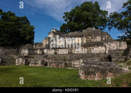 Maya-Zivilisation archäologische Stätte von Tikal Nationa Park, Guatemalal, ein UNESCO-Weltkulturerbe.  Ruinen eines Palastes in der zentralen Akropolis. Stockfoto