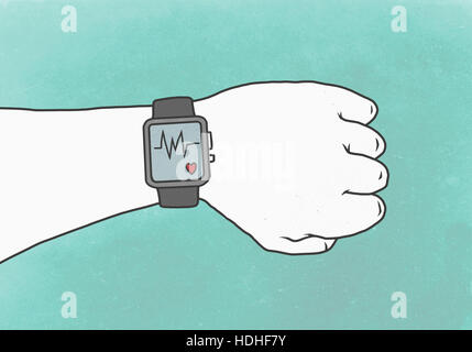 Illustration der Hand tragen Smartwatch mit Pulslinie, gesunde Lebensweise darstellt Stockfoto