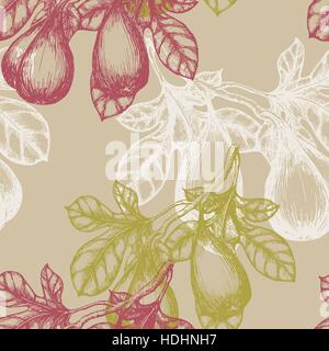 Fig Früchte am Zweig Hand Unentschieden Skizze Hintergrundmuster. Nahtlose Muster. Vektor-Illustration. Stock Vektor