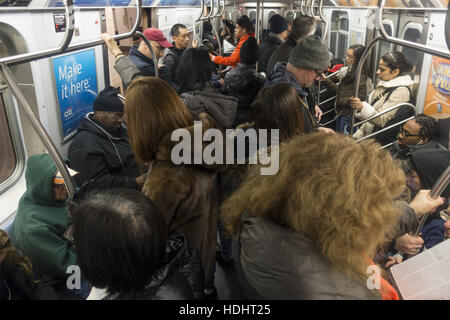 Überfüllten u-Bahn Zug während der morgendlichen Rushhour von Brooklyn nach Manhattan, NYC. Stockfoto