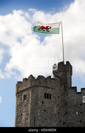 Die walisische Flagge über Cardiff Castle, Großbritannien Stockfoto