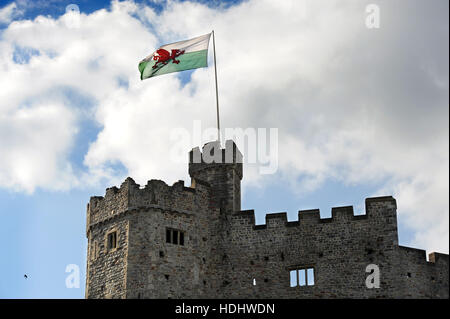 Die walisische Flagge über Cardiff Castle, Großbritannien Stockfoto