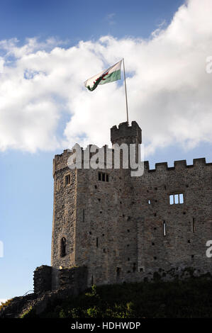 Die walisische Flagge über Cardiff Castle, Großbritannien Stockfoto