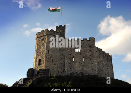 Die walisische Flagge über Cardiff Castle, Großbritannien Stockfoto