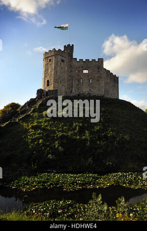 Die walisische Flagge über Cardiff Castle, Großbritannien Stockfoto