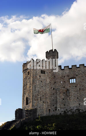 Die walisische Flagge über Cardiff Castle, Großbritannien Stockfoto