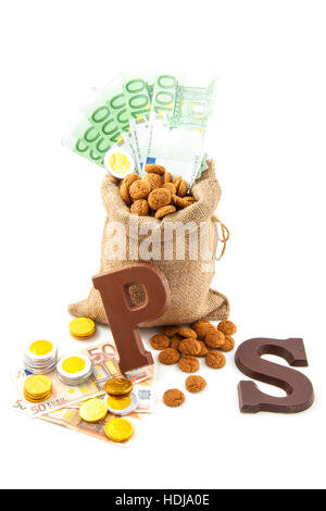 Tasche mit Cookies Geld und isoliert über weiße Schokolade Stockfoto