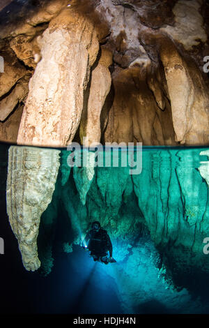 Taucher in Chandelier Cave, Palau Stockfoto