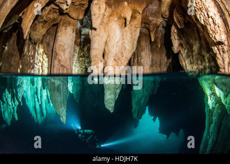 Taucher in Chandelier Cave, Palau Stockfoto