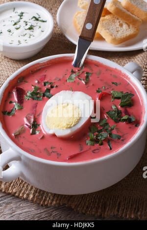 Kalten Rüben-Suppe mit Ei und Kräutern Closeup in weiße Schüssel. Vertikal Stockfoto