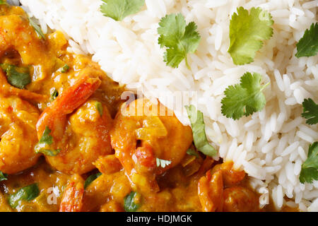 Garnelen curry mit Reis und Koriander Makro. horizontale Ansicht von oben Stockfoto