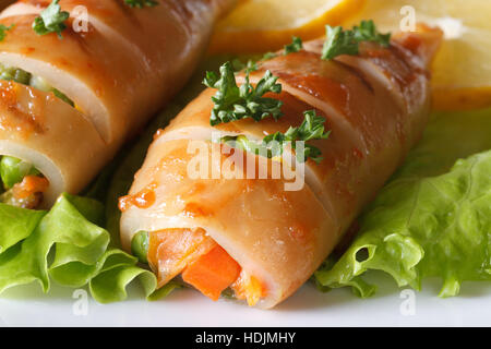 Gebratener Tintenfisch, gefüllt mit Gemüse-Makro auf Salat. horizontale Stockfoto