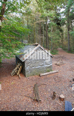 Waldland Filmset mit Hütte und Requisiten Stockfoto