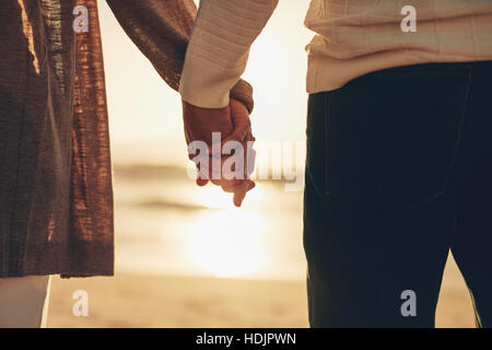 Ansicht von hinten Nahaufnahme Schuss ein älteres paar Hand in Hand am Meer während des Sonnenuntergangs. Stockfoto