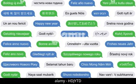Frohes neues Jahr in verschiedenen Sprachen auf SMS Luftblasen Stock Vektor