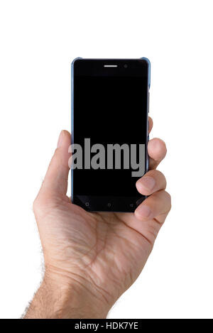 Des Mannes Hand, die eine Smartphone auf weißem Hintergrund Stockfoto