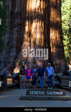 Sequoia NP, Kalifornien - 14. November: Familie posiert für ein Foto mit General Sherman Tree. 14. November 2016, Sequoia NP, Kalifornien. Stockfoto