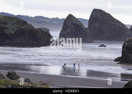 Meyers Beach, Oregon - 27 Oktober: junge Familie genießen Sie einen schönen Nachmittag auf der Küste von Oregon. 27. Oktober 2016, Meyers Beach, Oregon. Stockfoto