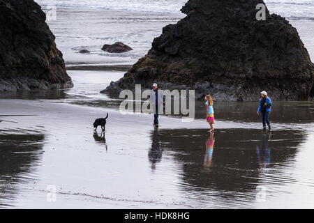 Meyers Beach, Oregon - 27 Oktober: junge Familie genießen Sie einen schönen Nachmittag auf der Küste von Oregon. 27. Oktober 2016, Meyers Beach, Oregon. Stockfoto