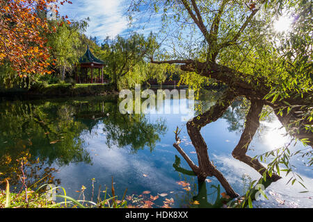 beruhigende Herbst Szene mit einem ruhigen Teich und Blätter in einer Vielzahl von Farben Stockfoto
