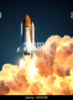 Space Shuttle In den Wolken des Feuers. 3D Illustration. Stockfoto
