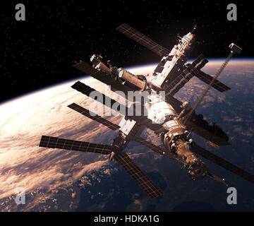 Raumstation im Orbit Planetenerde. 3D Illustration. Stockfoto