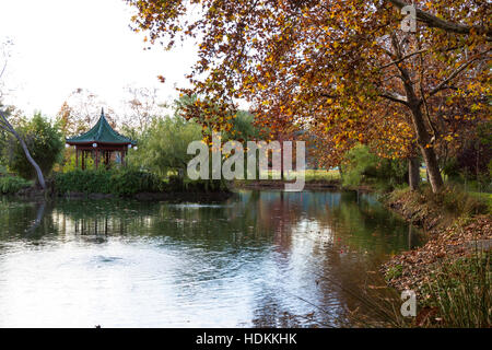 beruhigende Herbst Szene mit einem ruhigen Teich und Blätter in einer Vielzahl von Farben Stockfoto