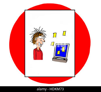 Farbe Geschäft Illustration eine gestresste Geschäftsfrau mit gelben Haftnotizen auf ihrem Computerbildschirm. Stockfoto