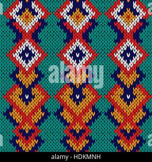 Gestrickte Hintergrund in Türkis, blau, rot, orange und weiße Farben, nahtlose stricken Vektormuster als Stoff Textur Stock Vektor