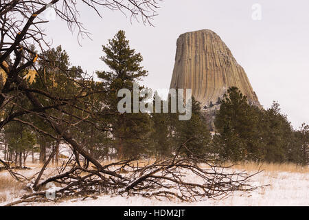 Devils Tower Wyoming Winterschnee Rock Butte Stockfoto