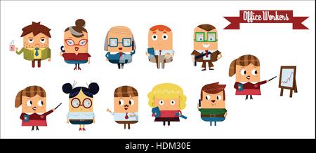 Digitale Vektor-Comic-Figuren set, Büroangestellte zeigt verschiedene Emotionen sprechen, Essen, lächelnd, denken Stock Vektor