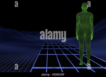 Wireframe digitale Grüner Mann mit virtuellen blaue Landschaft unterwegs. 3D illustration Stockfoto