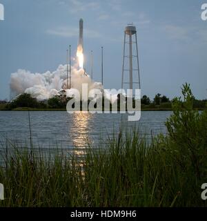 Der Orbital Sciences Corporation Antares Raketenstarts mit Cygnus Raumfahrzeug an Bord von Startrampe-0A bei der NASA Wallops Flight Facility der Orbital-2 Ladung Lieferung Flug zur internationalen Raumstation ISS in Chicoteague Insel, Virginia 13. Juli 2014 beginnen. Stockfoto