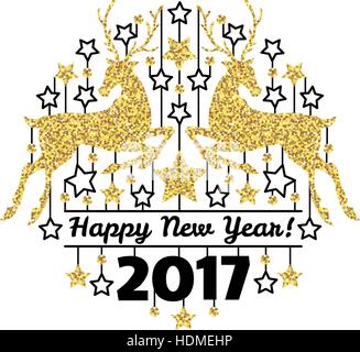 Frohes neues Jahr Karten mit goldenen Hirsch Silhouetten und Sternen im Kreis Stock Vektor
