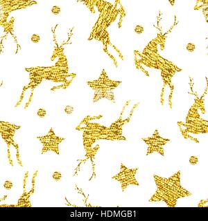 Nahtlose Muster mit gold Glanz Glitter Hirsche, Sterne, Punkte auf weißem Hintergrund. Stock Vektor