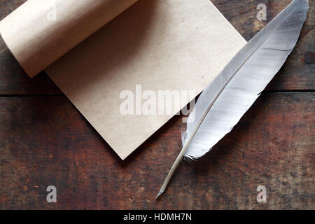 Papier und Feder Stift auf schönen alten hölzernen Hintergrund Stockfoto