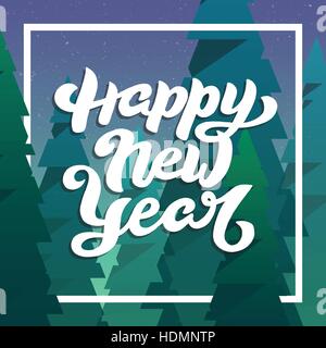 Neue Jahr hand Schriftzug und cartoon-grüne blaue Elemente. Glückliches Neujahr Grußkarte mit Hand gezeichnet Text. Cartoon Tanne Baum Hintergrund. Vektor, Abbildung Stock Vektor