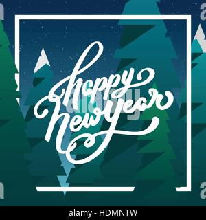 Neue Jahr hand Schriftzug und cartoon-grüne blaue Elemente. Glückliches Neujahr Grußkarte mit Hand gezeichnet Text. Cartoon Tanne Baum Hintergrund. Vektor, Abbildung Stock Vektor