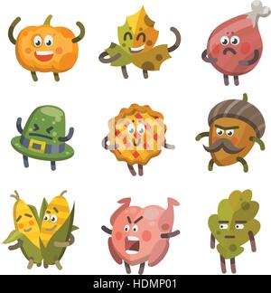 Vector Illustration Emoticons Emoji Thema Herbstferien festgelegt. Herbst Emoticons glücklich Erntedankfest. Verschiedene Emotionen lustige Kürbis, Blatt, t Stock Vektor