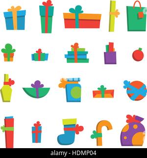 Vektor-Illustration. Frohes neues Jahr Geschenke und präsentiert. Frohe Weihnachtsgeschenke. Xmas set bunte Geschenke. Flache Jugendstil. Für Ihre desig Stock Vektor