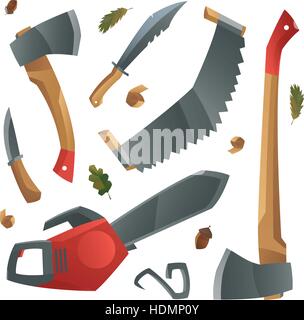 Vektor-Illustration mit verschiedenen Handwerkzeuge beinhalten Säge, Kettensäge, Axt, Messer. Holzfäller-Werkzeuge. Modernen Cartoon-Stil. Stock Vektor